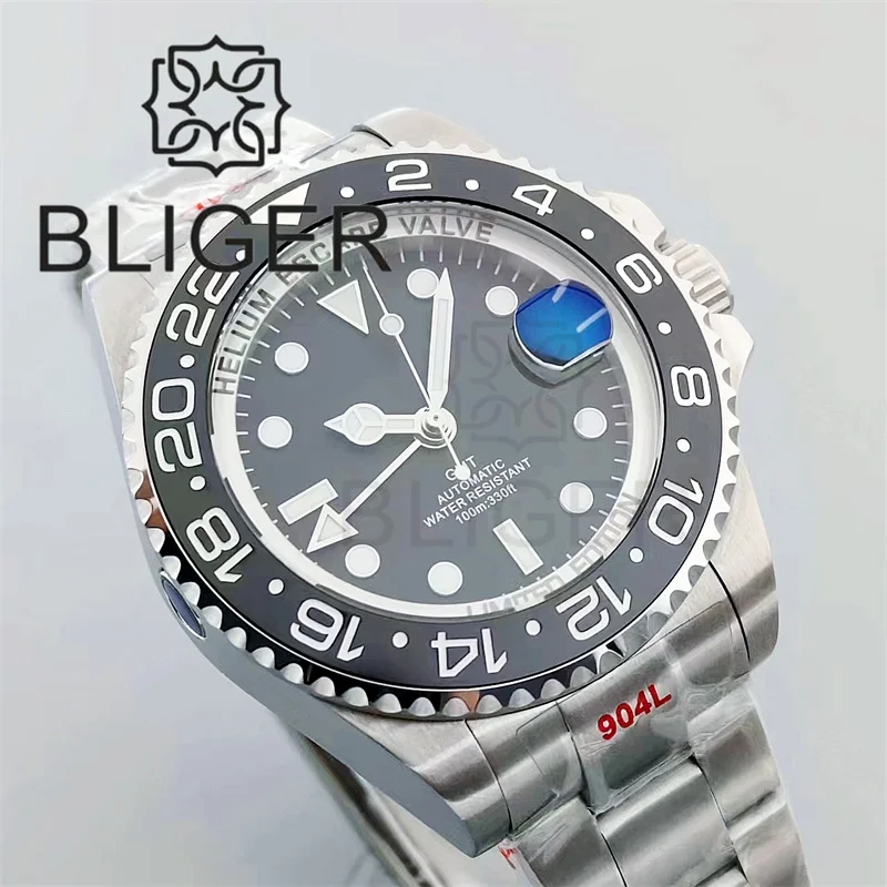 BLIGER 43mm SEA Dive Watch For Men GMT NH34 Automatic Luminous Bezel Black Dial AR Sapphire Glass With Magnified Date Waterproof