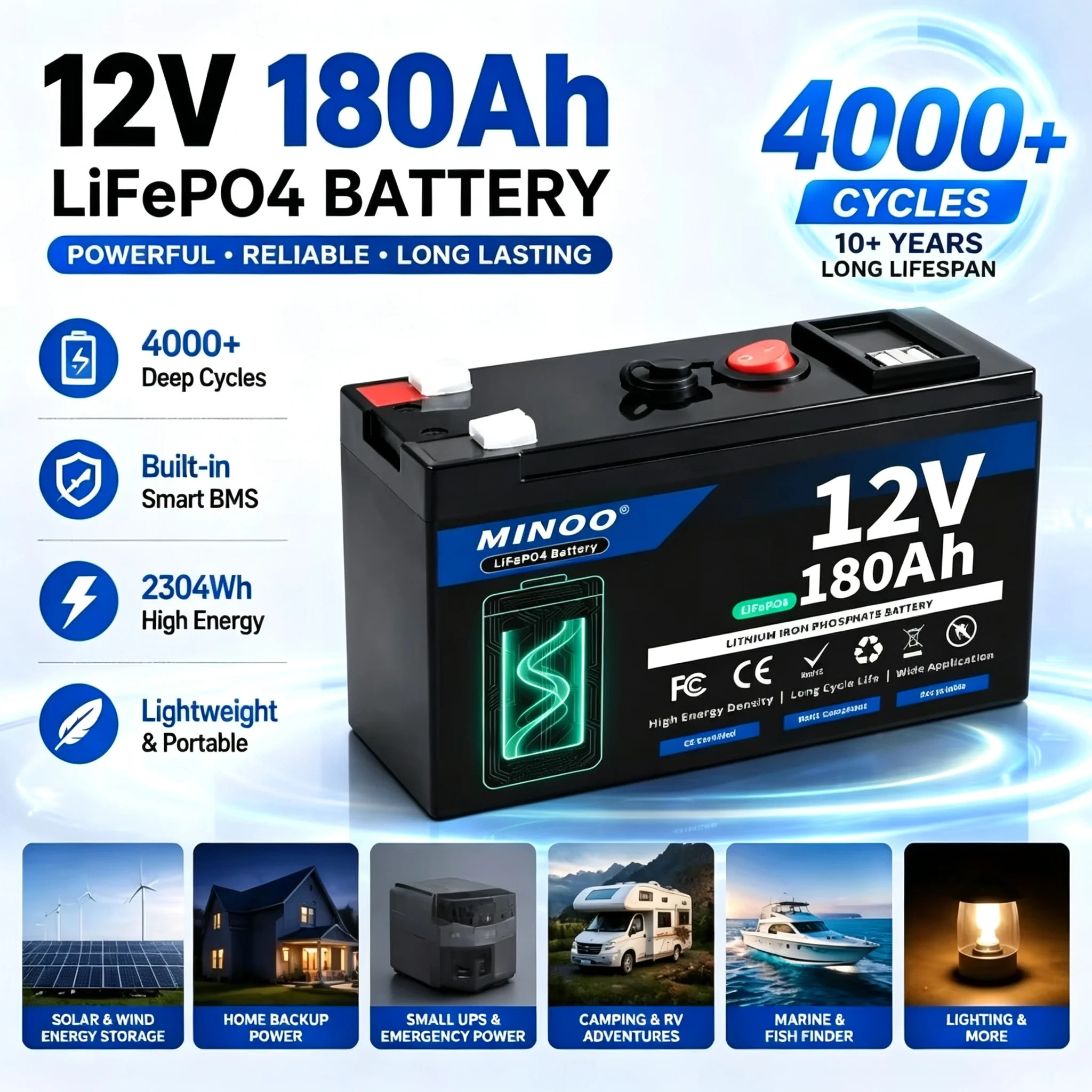12V 180Ah LiFePO4 Solar Battery Deep Cycle Rechargeable Built-in BMS Lithium 180000mAh for Power Wheels Scooters Fish Finder