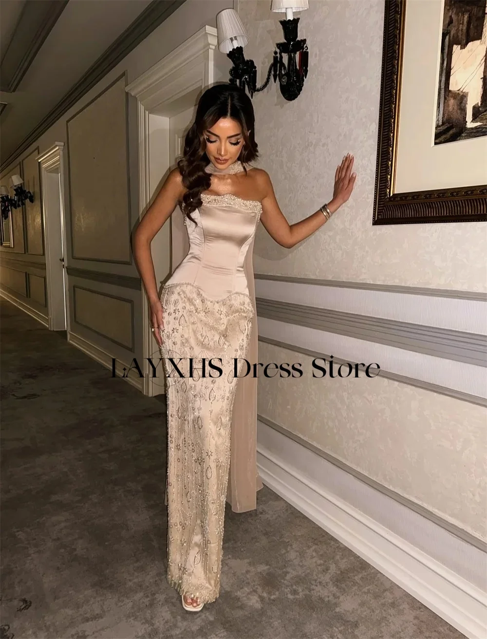 

LAYXHS Luxury Strapless Evening Dresses Mermaid Lace Beaded Women Prom Dresses Customized فساتين سهرات