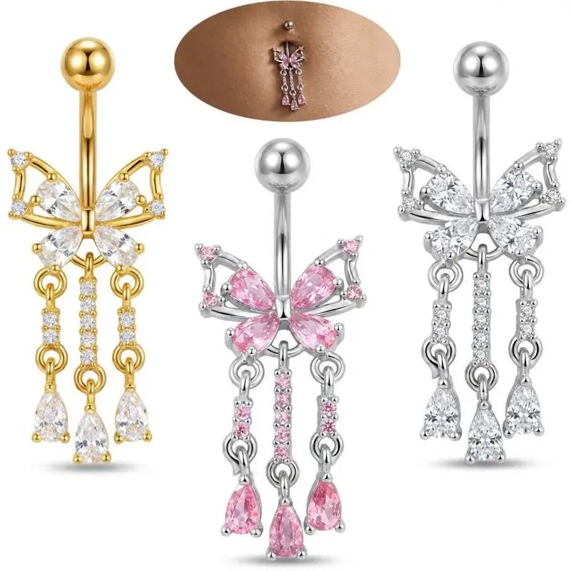 Dangle Butterfly Belly Button Rings Shiny Cubic Zirconia Internally Threaded Navel Piercings Jewelry For Beach Party Daily Wear