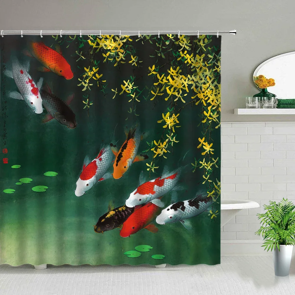 Koi Fish Print Shower Curtain Waves Oil Painting Landscape Bath Screen Waterproof Fabric Background Wall Decor Cloth Curtains