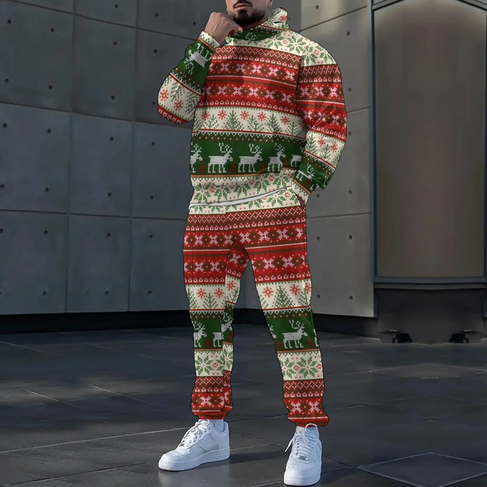 3d natal masculino agasalho 2 peça conjunto casual floco de neve rena impressão hoodies e moletom conjunto jogging calça presente natal masculino