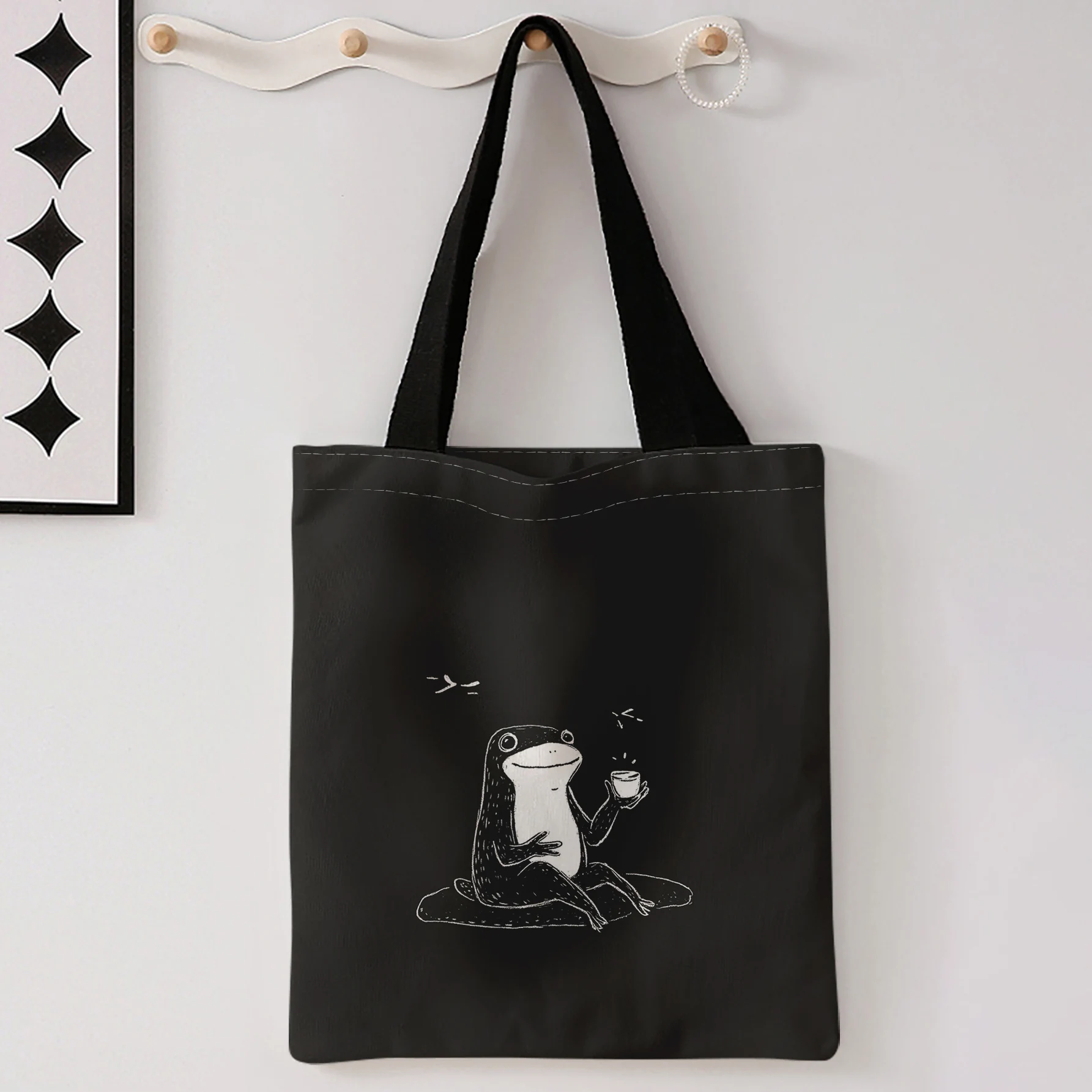 Sketch Frog Drinking Coffee Print Tote Bag Large Capacity Shoulder Bag For Shopping Travel Daily Use
