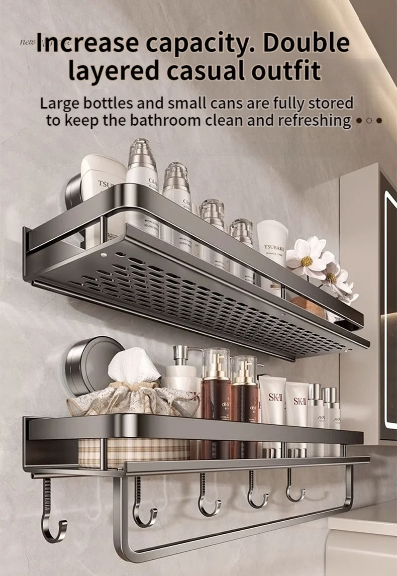 Kein Bohren, Saugnapf, selbstklebendes Badezimmerregal, Badezimmerregal, Toilette, Aluminium-Hängeregal, Badezimmer-Organizer, zum Aufhängen an der Wand – Detail 13