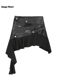 Fall Women Grunge Design Mini A-line Pu Faux Leather Skirt 2000s Aesthetic Patchwork Korean Harajuku Gyaru Y2k Dark Academia