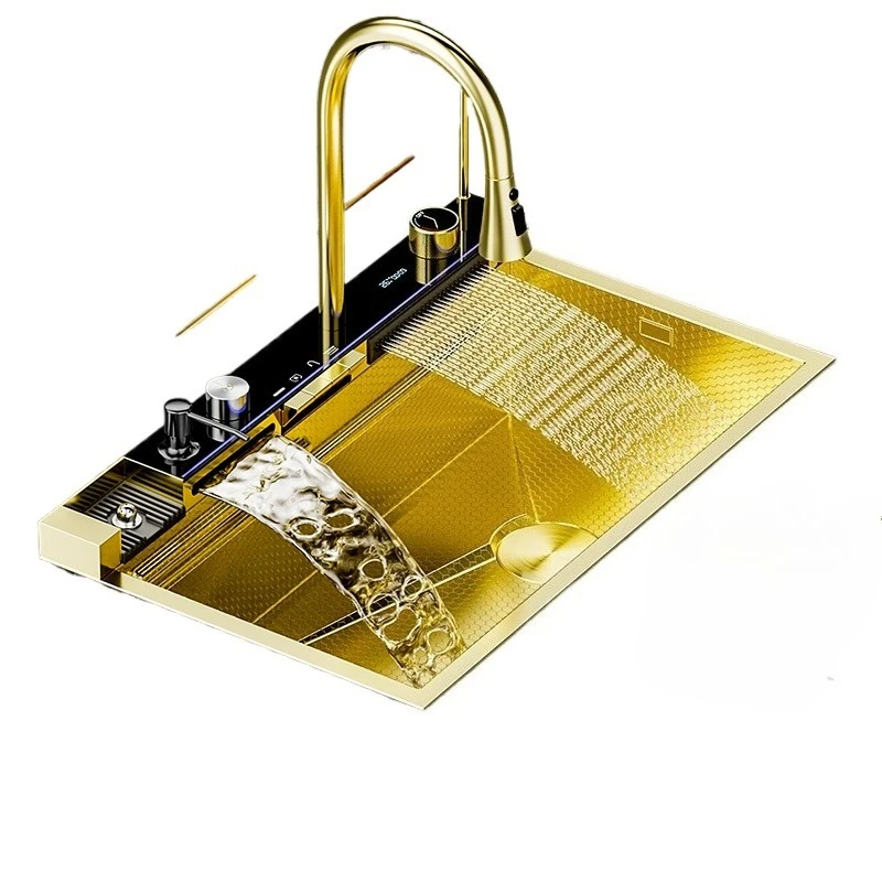 

Retro golden waterfall large single slot multi-functional 304 stainless steel vegetable basin kitchen household sink