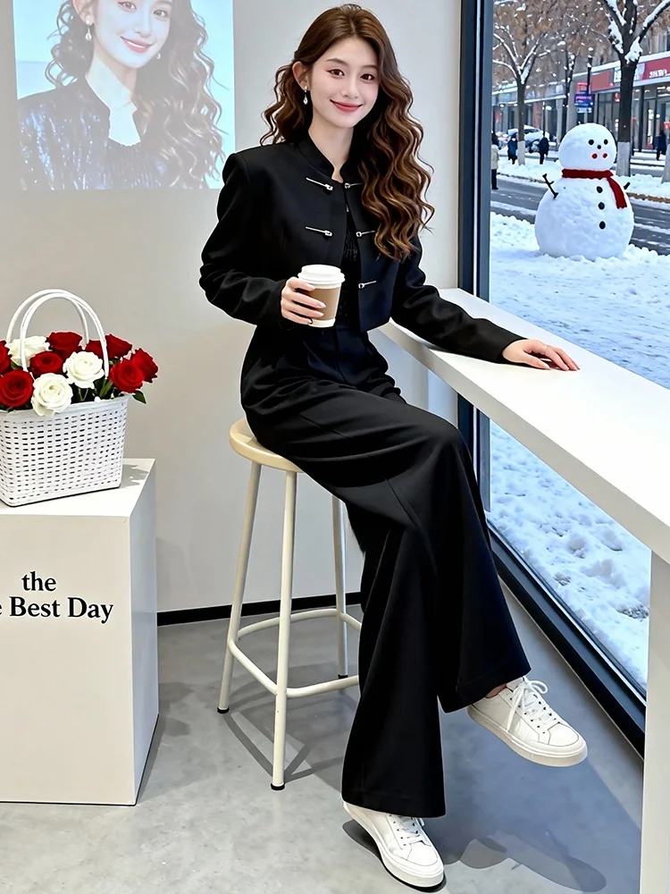 

Элегантный черный комплект из широких брюк и кардигана для женщин: модный китайский стиль, новинка весны, национальный тренд, костюм из двух предметов