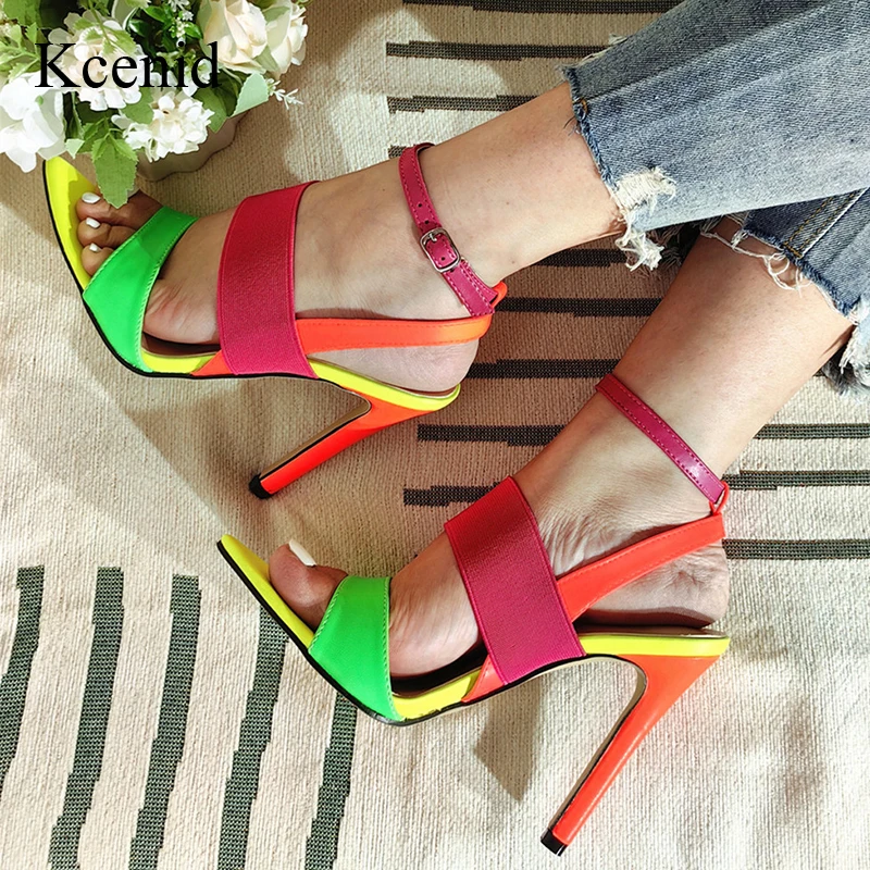 

Kcenid Summer Fashion Mixed Color Narrow Band Sandals Women Sexy Pointed Toe Gladiator High Heels Summer Party Dress Shoes