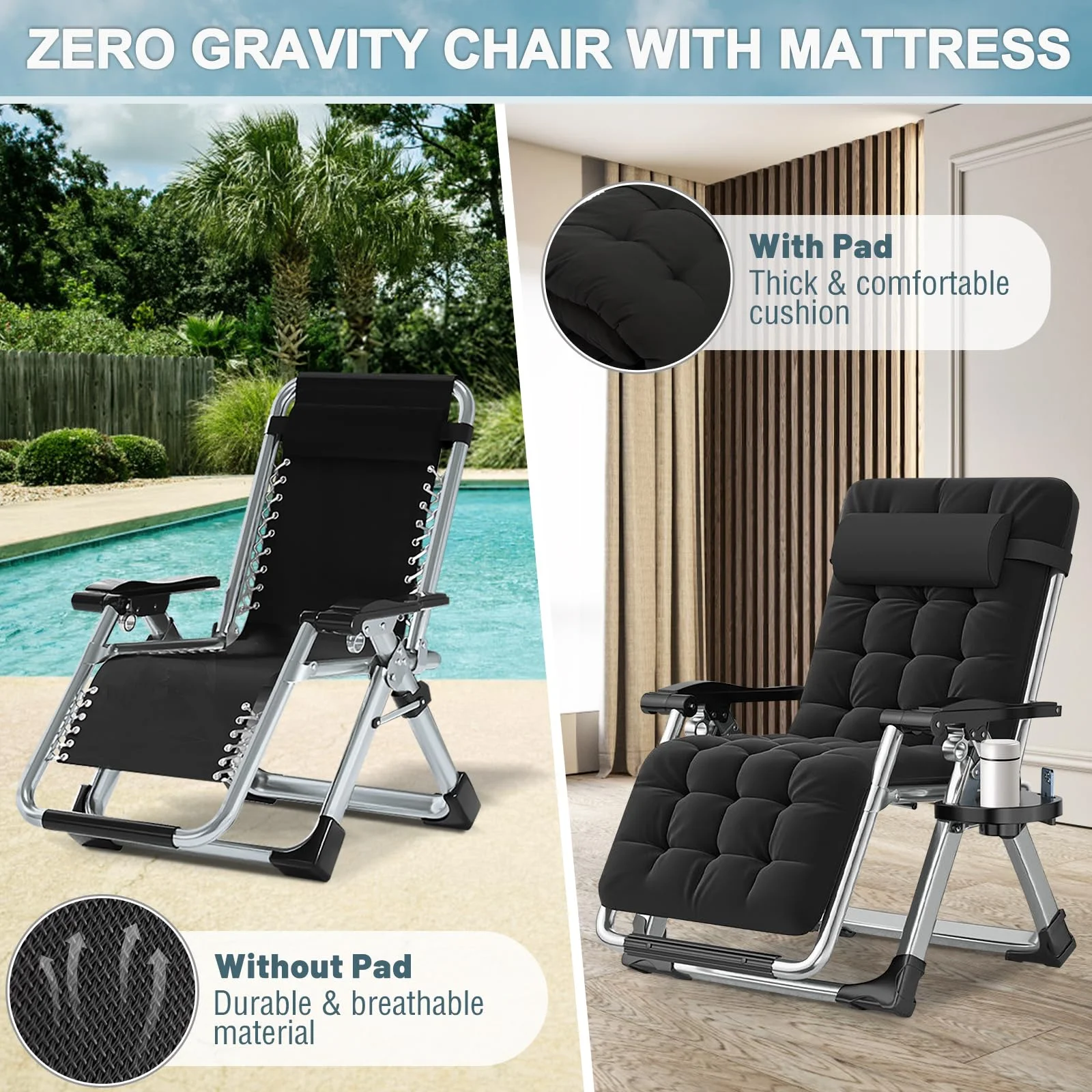 Courtyard Folding Lounge Chair, Cushioned Lounge Chair, Sunbathing Beach Chair, Armchair with Adjustable Backrest, Garden Leisure Chair with Beverage Rack - Sturdy Frame, Outdoor Lounge Chair - Optional with Or Without Cotton Pad