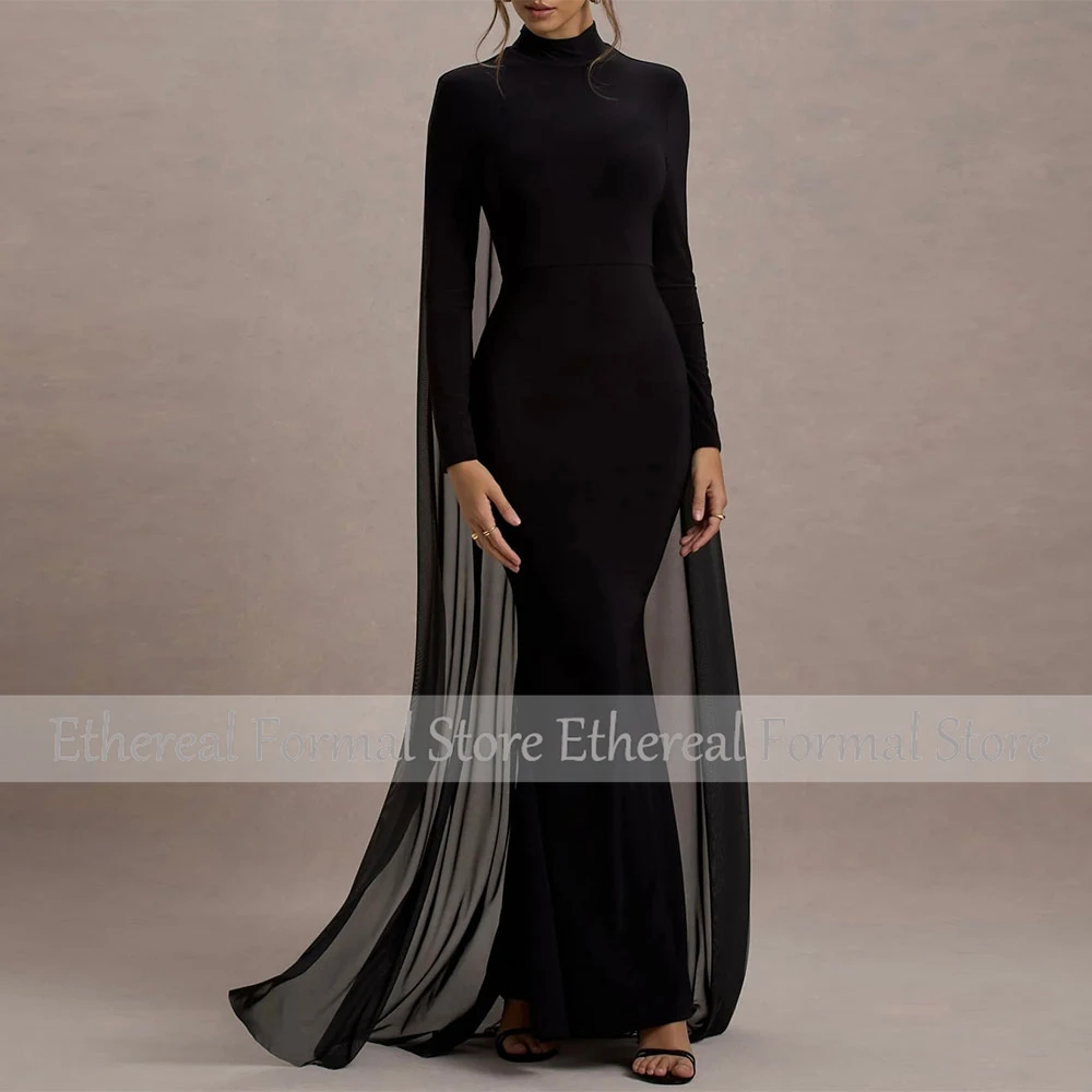Black Evening Dress High Neck Mermaid Women's Evening Gown With Float Long Sleeves Trumpet Formal Dresses