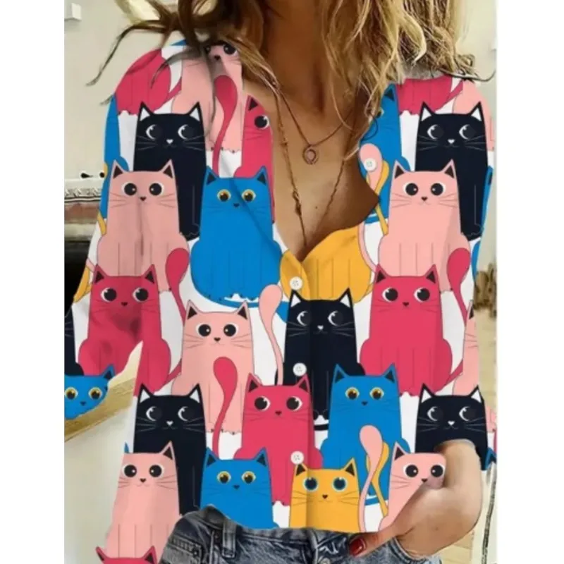 2024 Women\'s Shirt Cat 3D Digital Printing Cute Style Fashionable Casual Trend Lapel Long-Sleeved Cardigan Blouses Femme Blusas