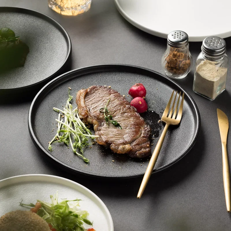 Black frosted steak plate Western style pasta dish White quicksand plate Hotel Restaurant Creative Dish Special Display plates