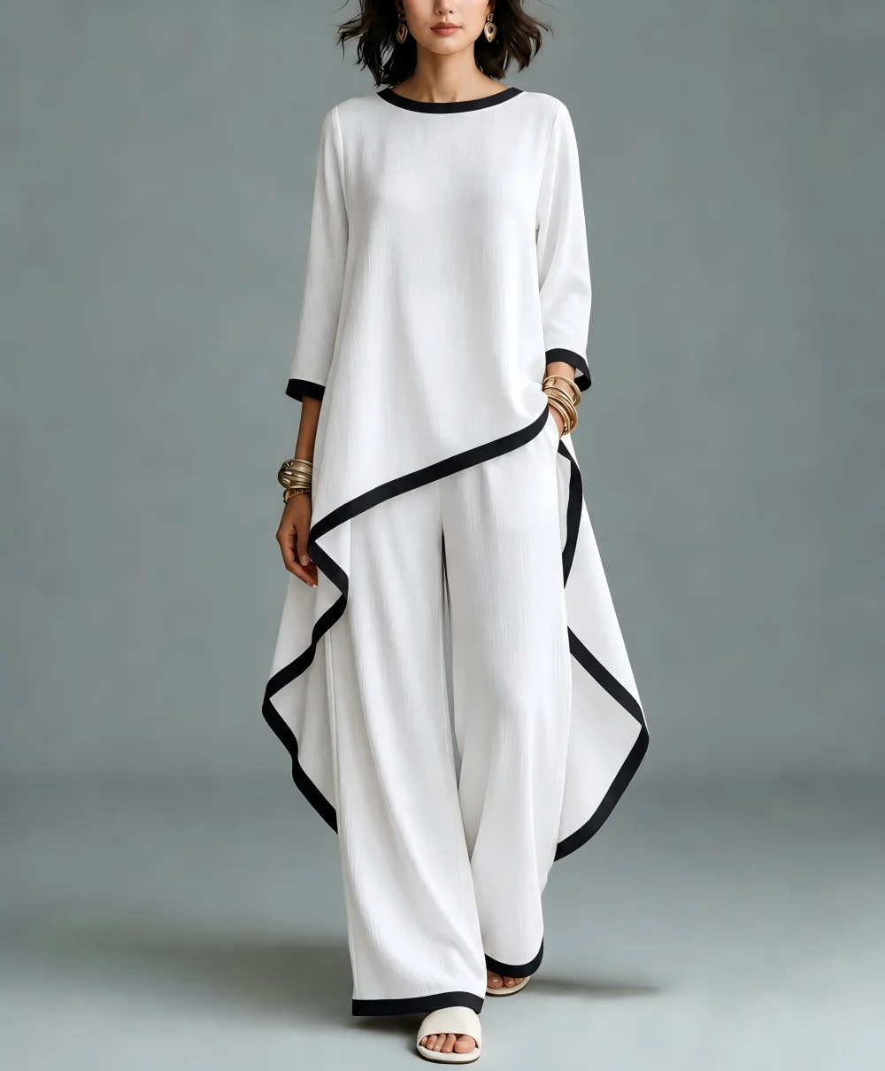 Old Money Style Irregular Long Sleeve Blouse and Wide Leg Pants Two Piece Set, Elegant Oversized Casual Women's Outfit