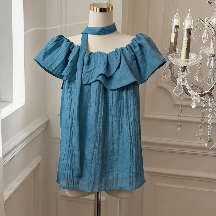 

Summer New Sweet And Spicy Girl Doll Shirt Women's One Shoulder Blouse with Lace Hem Design Casual Loose Fit Short Sleeve