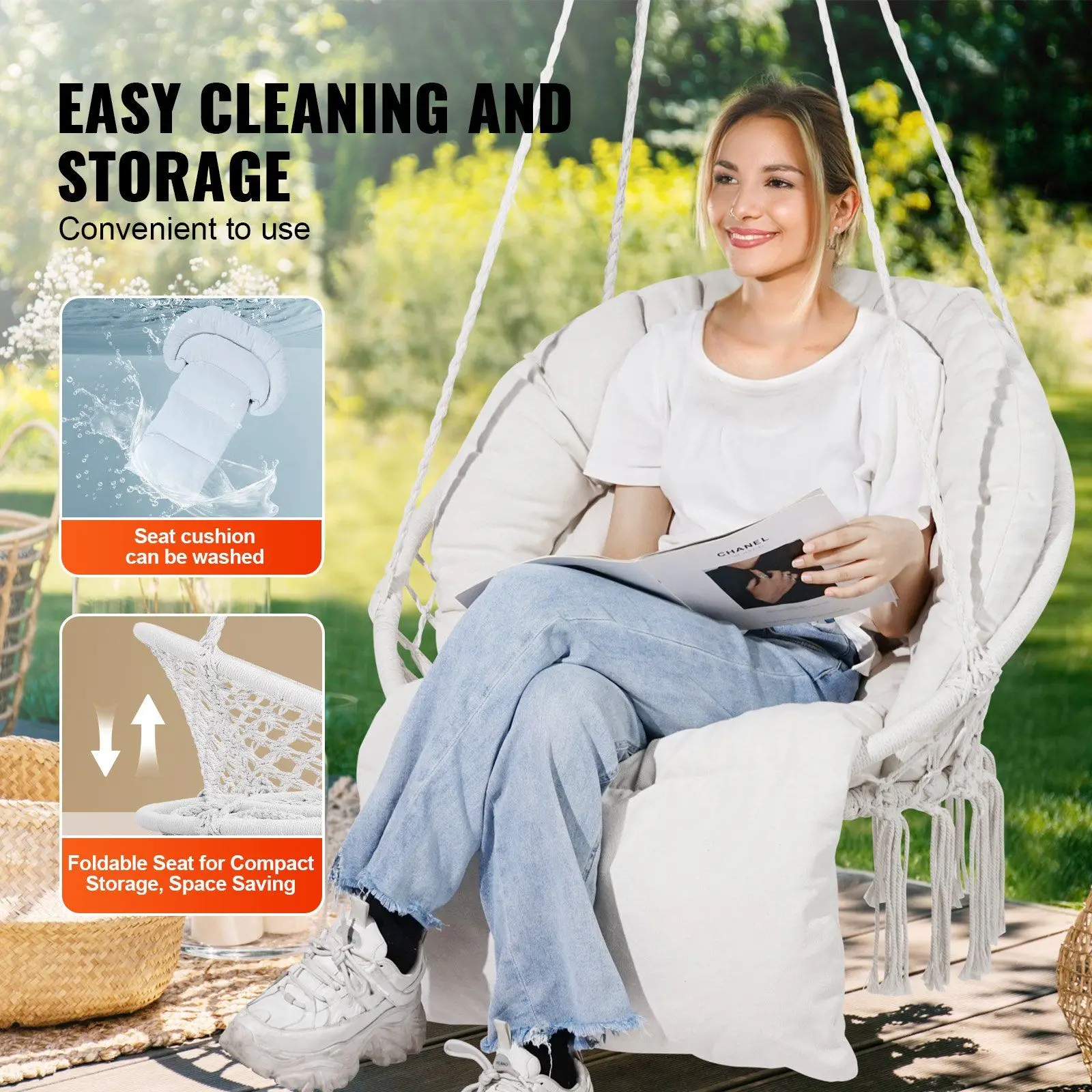 Cadeira de balanço de rede Cadeira suspensa de macramé com almofada interna e externa