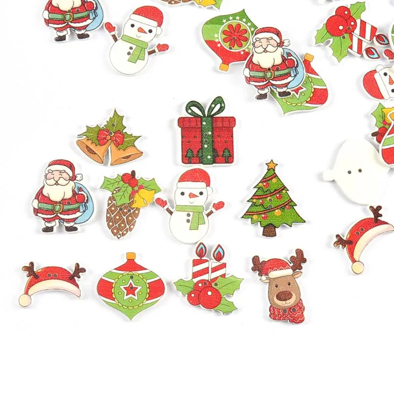 50pcs 2-3cm Mixed Christmas Printed Flatback Wooden Buttons For Sewing Accessories DIY Xmas  Party Home Decor Handmade Materials