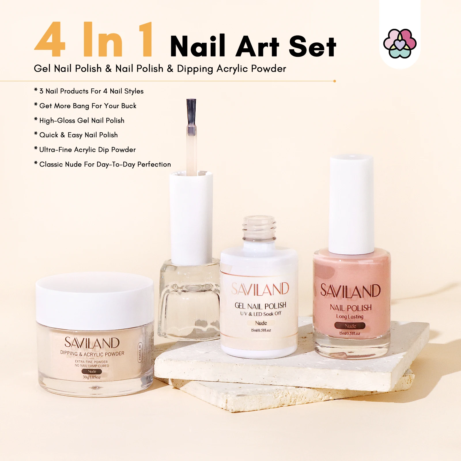 SAVILAND 4 w 1 Nude Acrylic Powder Set 30g Dipping Acrylic Powder 15ml Żel do paznokci i lakier do paznokci do domu Nail Art DIY Salon