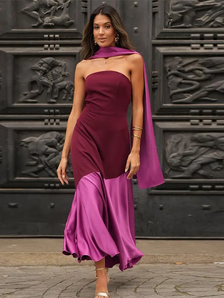 Szalowy kołnierzyk Off ramię Maxi sukienka damska elegancki patchwork bez rękawów sukienki z odkrytymi plecami kobieta 2025 letnia impreza Vestido szaty