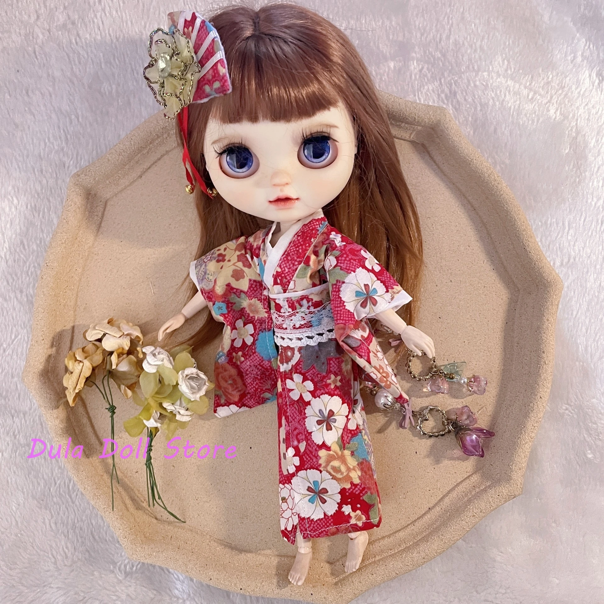 （Limited special offer）Dula Doll Clothes Dress Red Flower kimono skirt Blythe Qbaby ob24 ob22 Azone 1/6 Bjd Doll