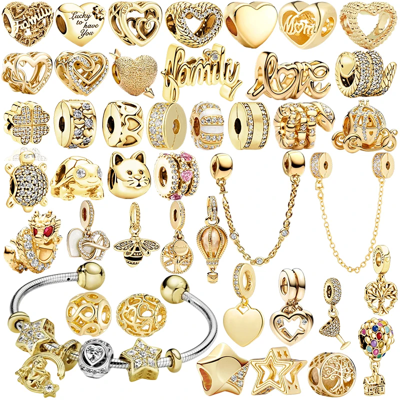 

Hot Sparking Gold Heart Clip Family Tree Dangle Charm Beads Fit Snake Silver Bracelet Necklace Beads For Diy Jewelry Women Gift