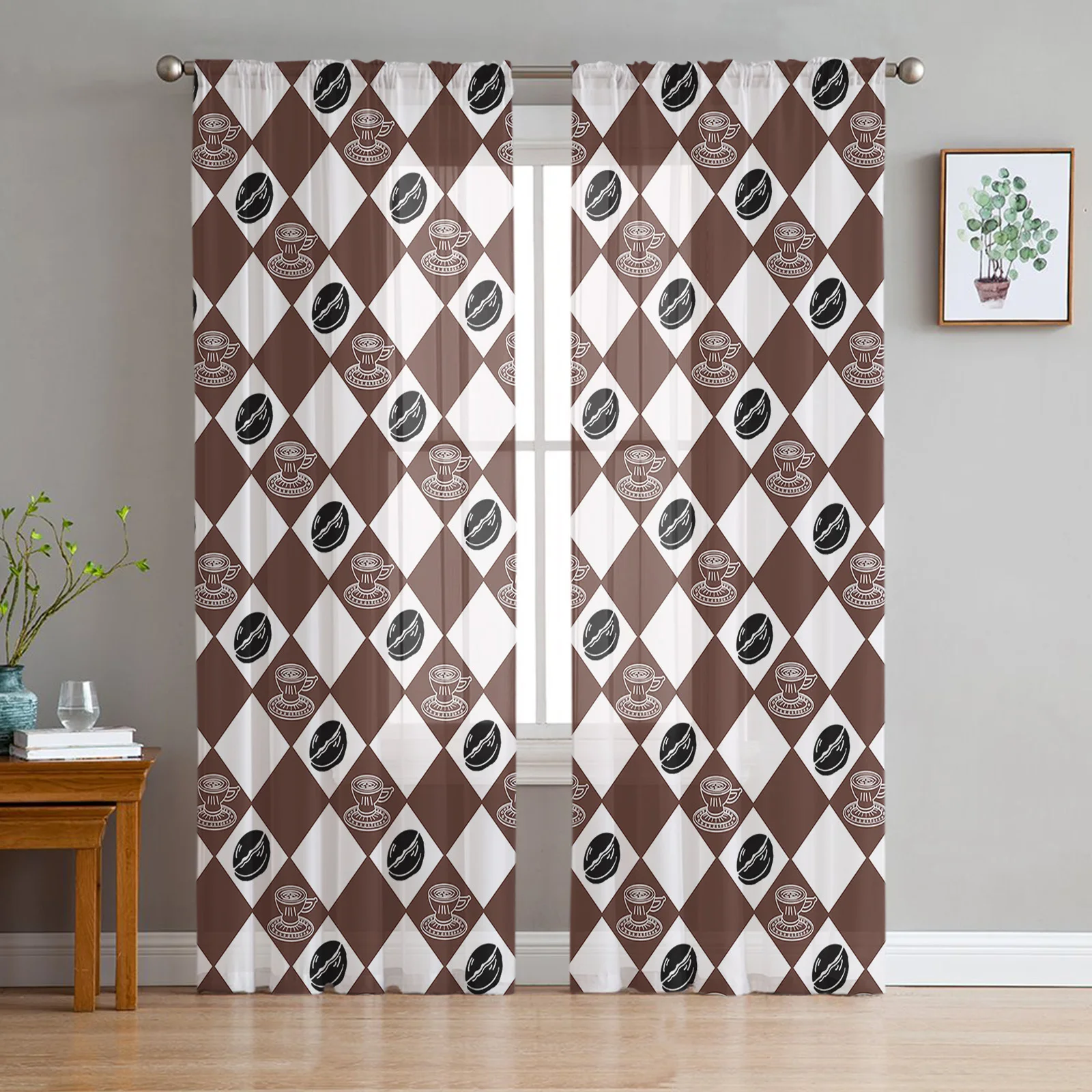 Lattice Coffee Beans Lines Tulle Curtains for Living Room Sheer Voile Curtain for Bedroom Kitchen Window Drapes Blinds