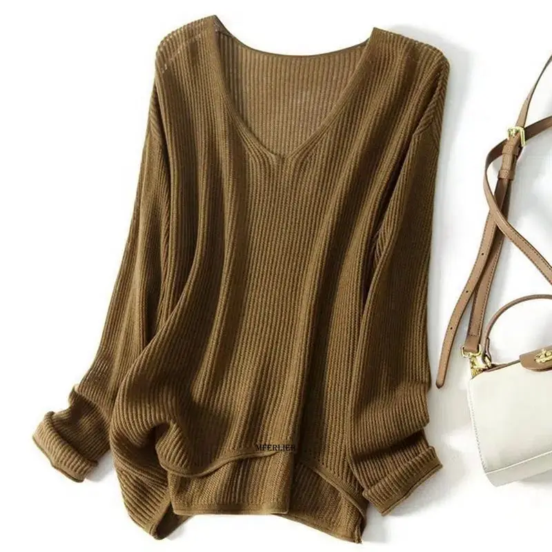 Plus Size 6XL 150KG Autumn Women Sweater Long Sleeve V Neck Casual Loose Hollow Solid Color Sweater Black Beige Loose Coat