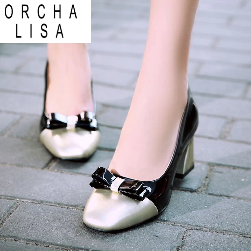 ORCHA LISA 2025 Shiny Female Pumps Square Toe Block Heels 5cn Slip On Bowknot Mixed Color Large Size 48 49 50 Sweet Dating Shoes