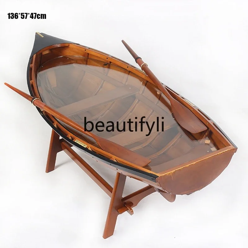 

yj9 European antique floor-to-ceiling multi-functional decorative ship glass coffee table solid wood cabinet coffee table simple