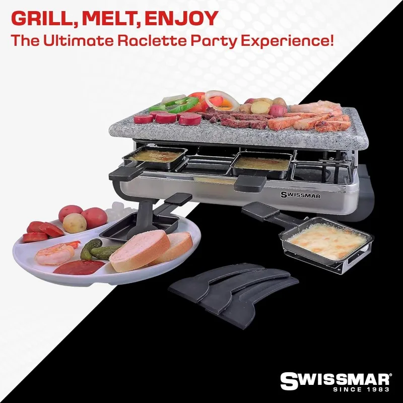 Swissmar Party Grill with Granite Stone Non-Stick Grill Plate/Crepe Top, Outdoor & Indoor Electric BBQ Grill, 8-Person, Silver