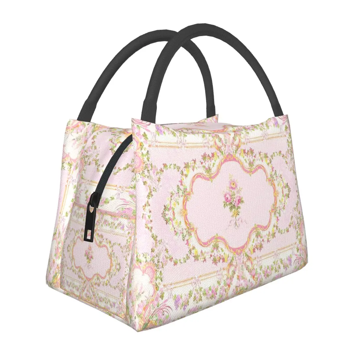 French Rococo Pink Floral Watercolor Panel Insulated Lunch Bag for Women Picnic Storage Food Boxes Portable Thermal Lunch Box