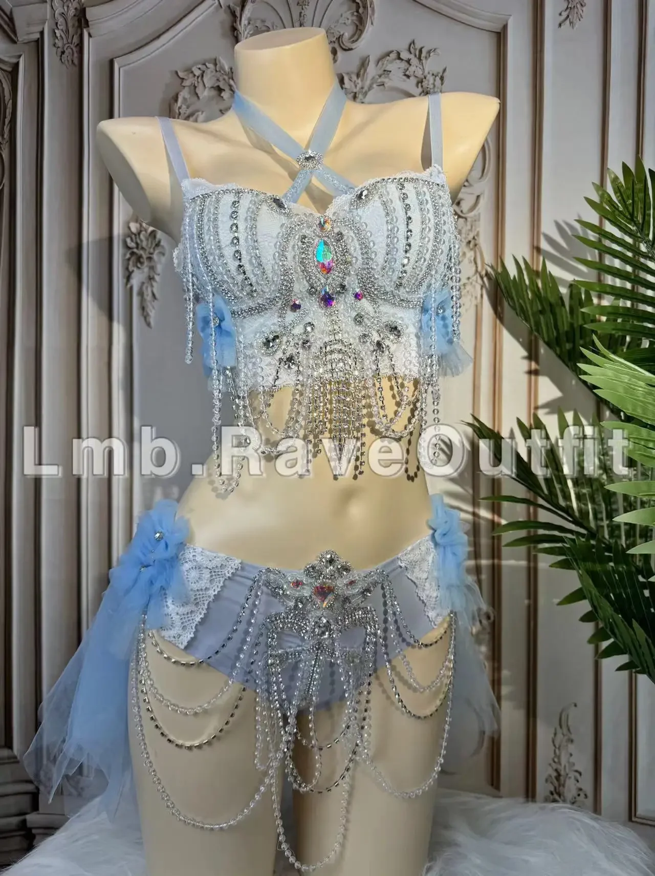 Sexy Blue Luxurious Tassel Shiny Diamond Bikini Outfits Bar Nightclub Singer Dance Stage Wear Party Birthday Prom Rave Costume