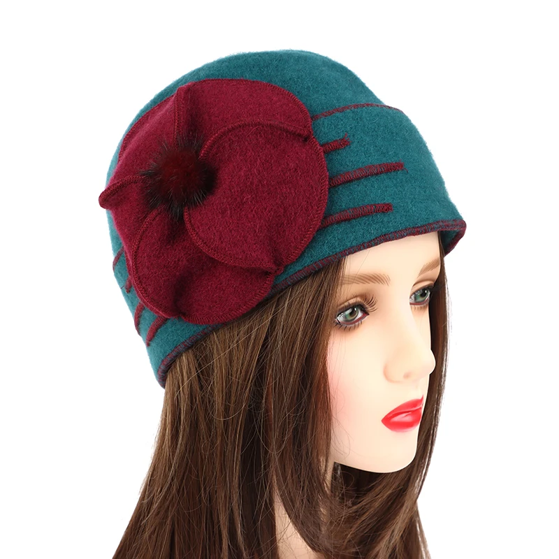 Vintage Women Wool Church Cloche Flapper Hat Lady Bucket Winter Flower Cap