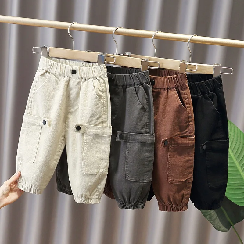 Spring Autumn Children Cargo Pants Boys Sweatpants Cotton Multi-Pocket Babys Boys Jogger Pants Elastic Waist Toddler Boys Pants