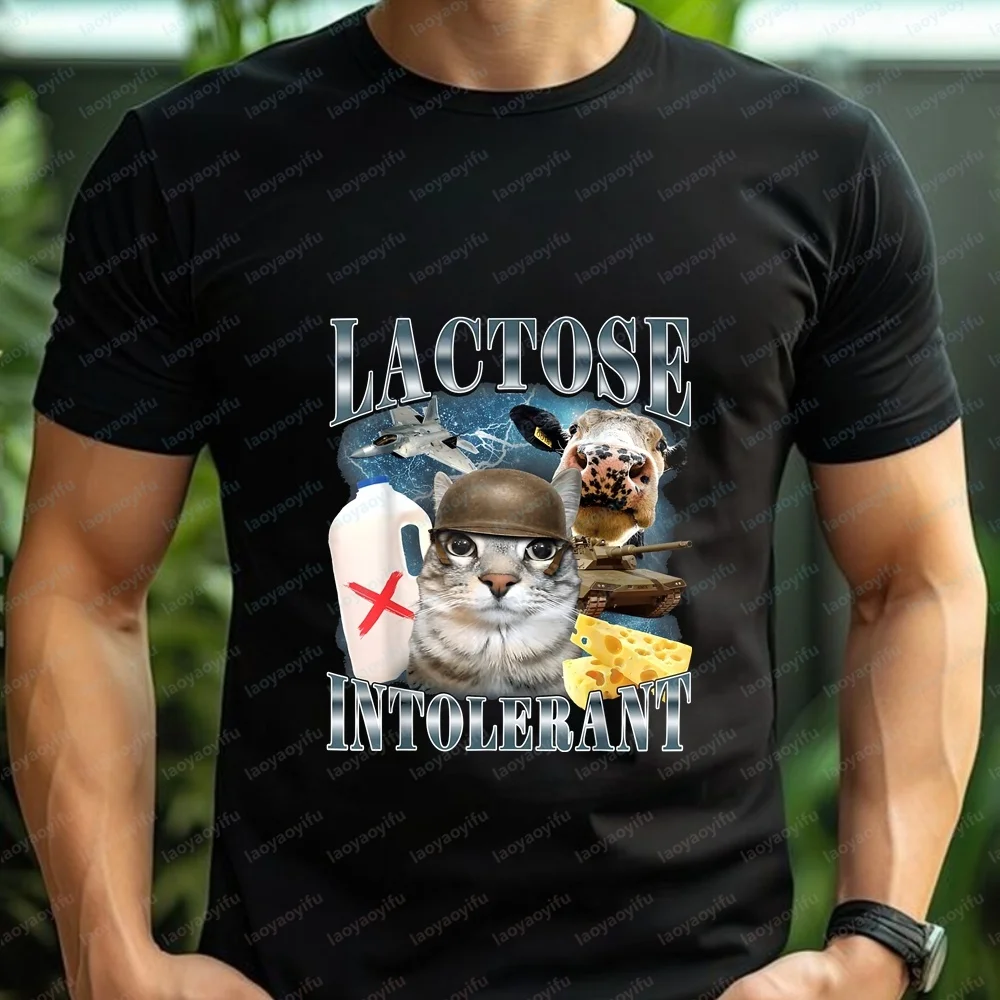 Lactose Intolerant Funny Cat Unhinged Silly Cats - Trendy Y2K Short-Sleeved Men's Women's Round-neck T-Shirt Comfortable T-Shirt