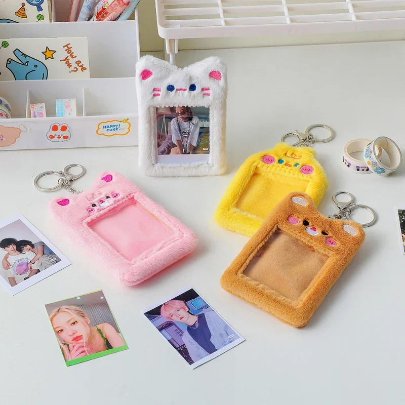 Kawaii Bear Plush Photocard Holder Credit ID Bank Card Keychains Bus Card Protective Case Photo Sleeves Stationery