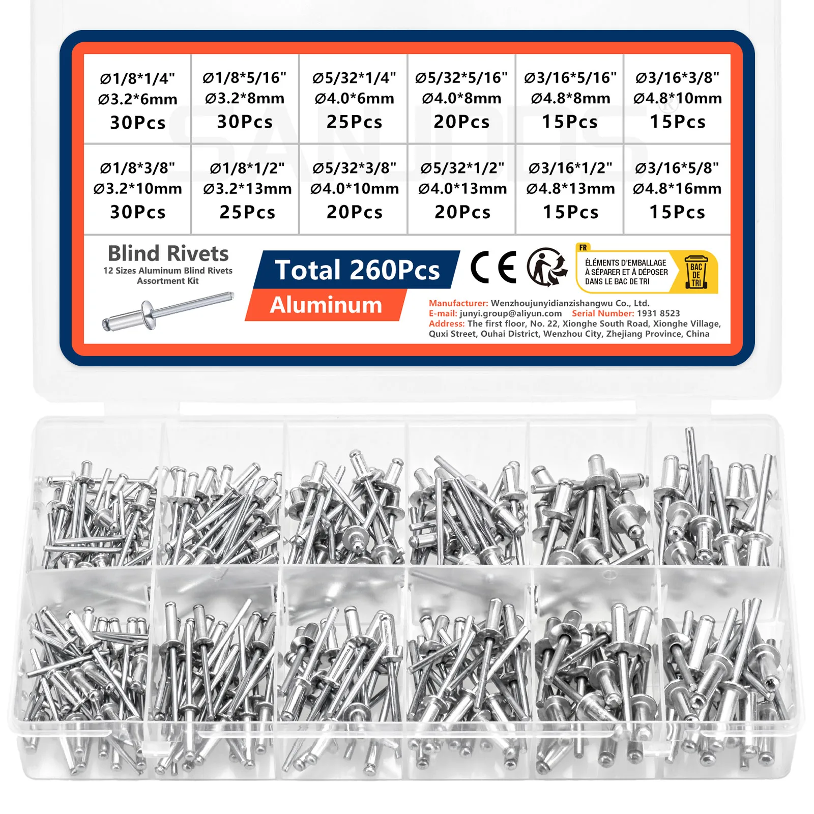 مجموعة متنوعة من مسامير البوب مكونة من 12 مقاسًا من المسامير العمياء المصنوعة من الألومنيوم ومسامير أعمى متنوعة للأثاث المعدني ومجموعة مسامير السيارات
