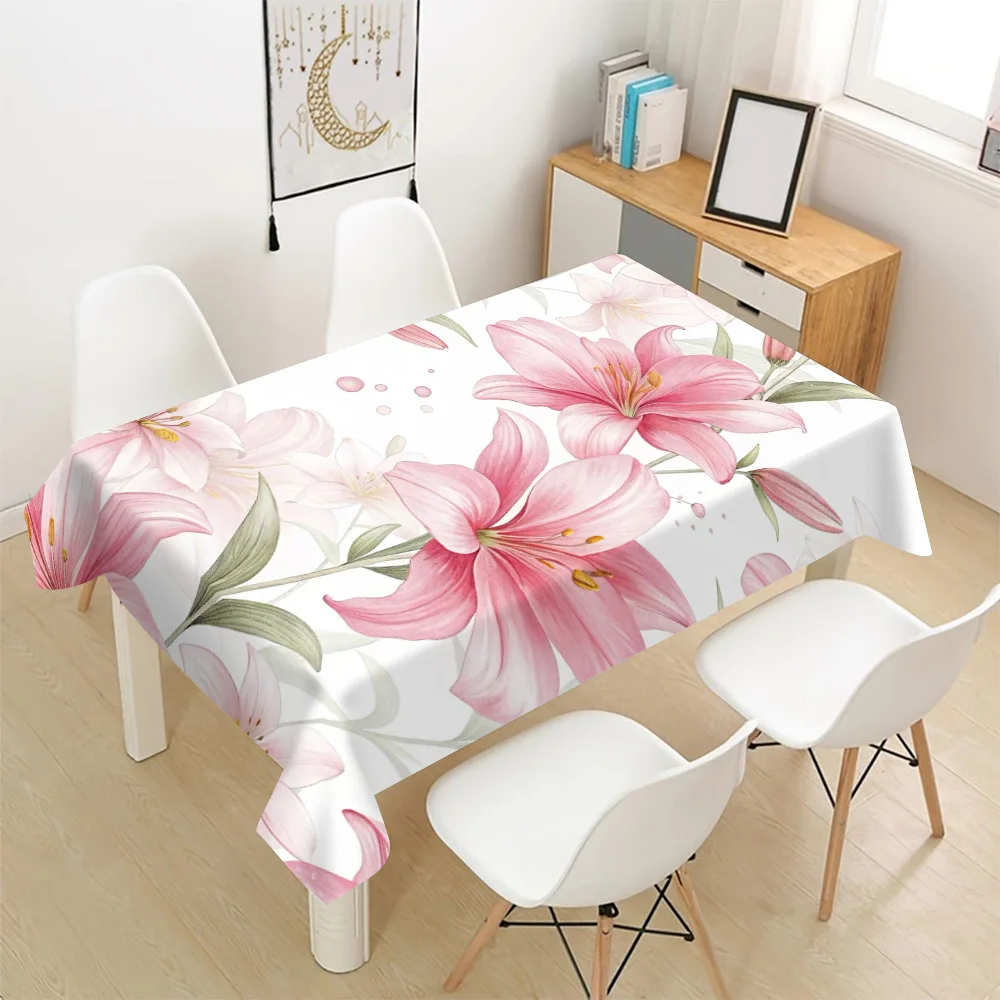 Pink Lily Tablecloth, White Background With Graceful Floral Pattern, Waterproof Table Cover for Daily Meals & Home Party Use