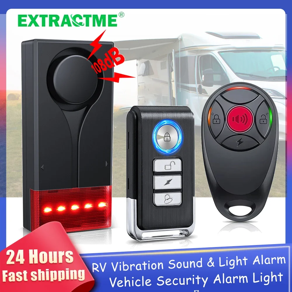 ระบบเตือนภัย Extractme RV 108dB ระบบเตือนภัยการสั่นสะเทือนและแสงสำหรับรถยนต์ พร้อมรีโมทคอนโทรลไร้สาย ระบบป้องกันการโจรกรรมยานพาหนะ