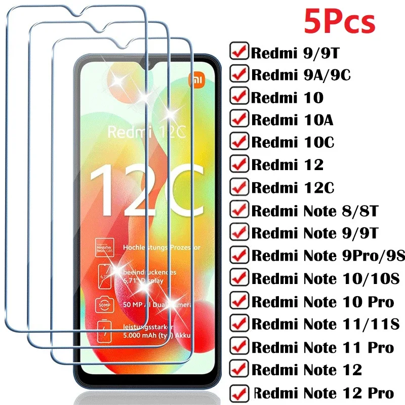 5PCS Tempered Glass for Xiaomi Redmi Note 8 9 10 11 12 Pro 11S 10S 9S Screen Protector Redmi 9A 9C 10C 10A 9T 12C 13C 8A Glass