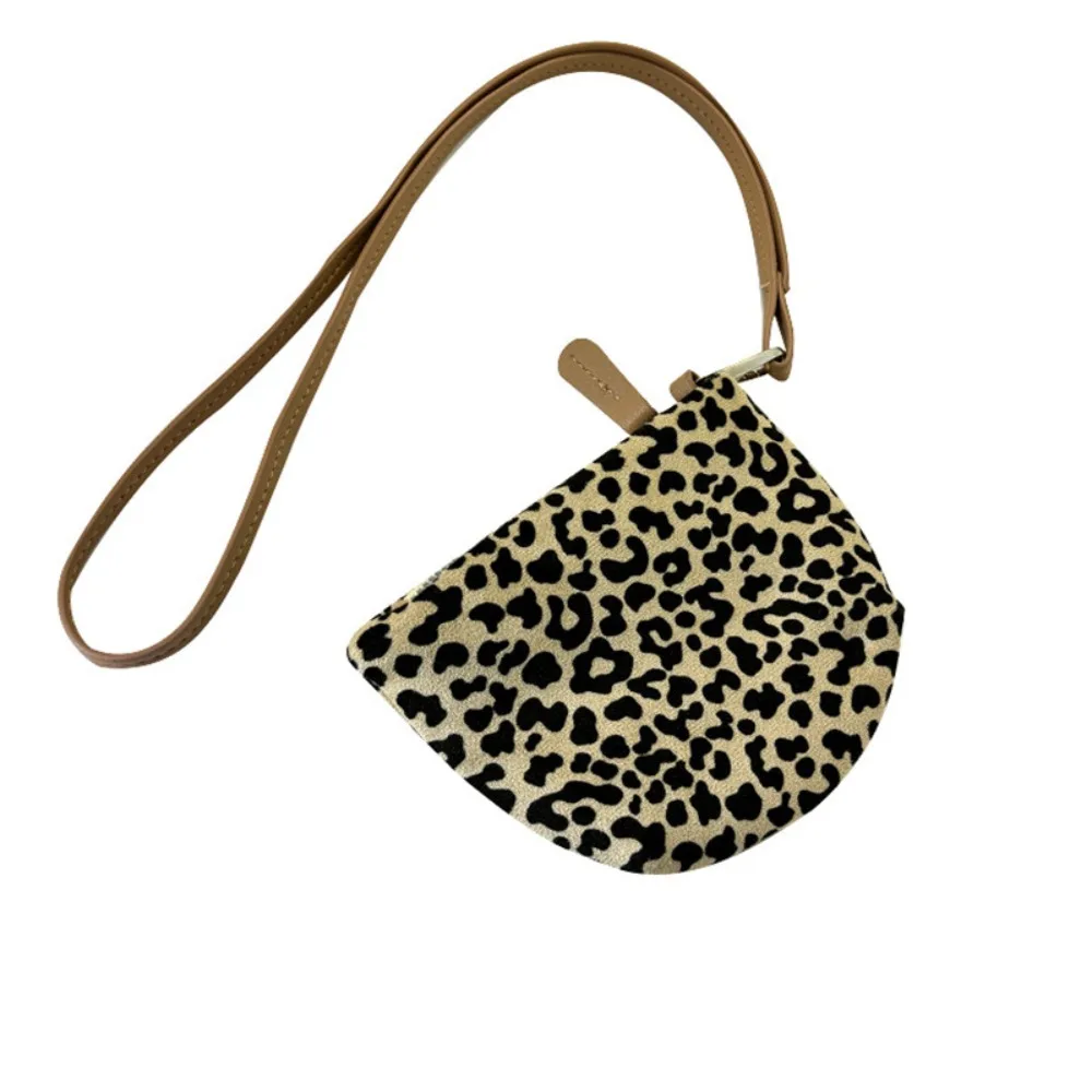 Creative Suede Leopard Print Hanging Neck Bag Croissant Handbag Necklace Korean Style Card Holder Coin Purse with Lanyard Girls