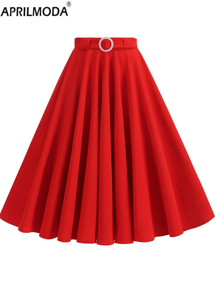 

Vintage Holiday Party Vintage A Line Umbrella Swing Skirt Elegant Red Yellow Solid High Waist 50s Style Women's Skirts with Belt