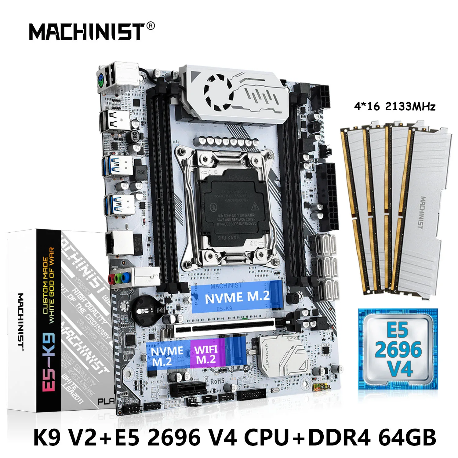 

MACHINIST K9 X99 Комплект материнских плат LGA 2011 - 3 E5 2696 V4 Комплект процессоров Xeon DDR4 64GB = 4 * 16 ГБ оперативной памяти 2133 МГц NVME M.2 USB 3.0 Четырехканальный