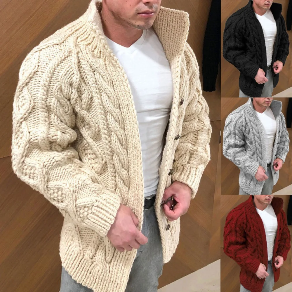 

New Men's Sweater Stand Stand Cardigan Heavy-fit Long-sleeved Stand Collar Crimp Jacquard Casual Men's Clothing
