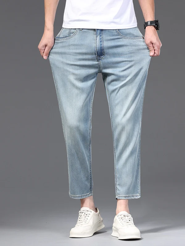 

Мужские джинсы Slim Fit синего цвета, весна-лето, повседневные брюки со средней посадкой, на молнии, из смесового волокна Lenzing, с эффектом стройности