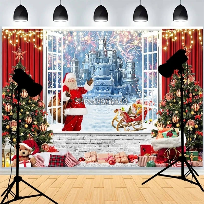 

Christmas Wreath Large Window Xmas Decoration Background Warmth Living Room Family Happiness Party Photography Backdrops AG-11