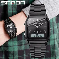 SANDA Fashion Unisex G Style Watches Mens Stainless Steel LED Digital Dual Display Clock Unisex Waterproof Sports Quartz Watch