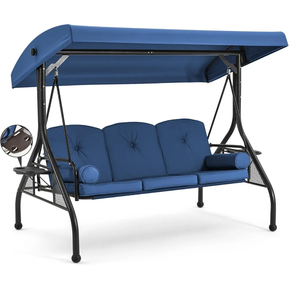 

3 Seat Outdoor Porch Swing with Adjustable Canopy, Convertible Patio Swing Bed with Stand, Patio Glider Swing