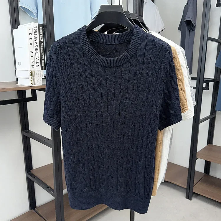 Herren-Kabelstrick-T-Shirt mit kurzen Ärmeln, 100 % Baumwolle, Rundhalsausschnitt, lässig, einfarbig, Sommer-Strick-T-Shirt – Detail 17