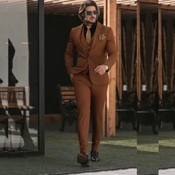 Gothic Suits for Men Brown Solid Color Customized Prom Party 3 Piece Jacket Pants Vest Slim Fit Costume Homme 2024 Male Clothing