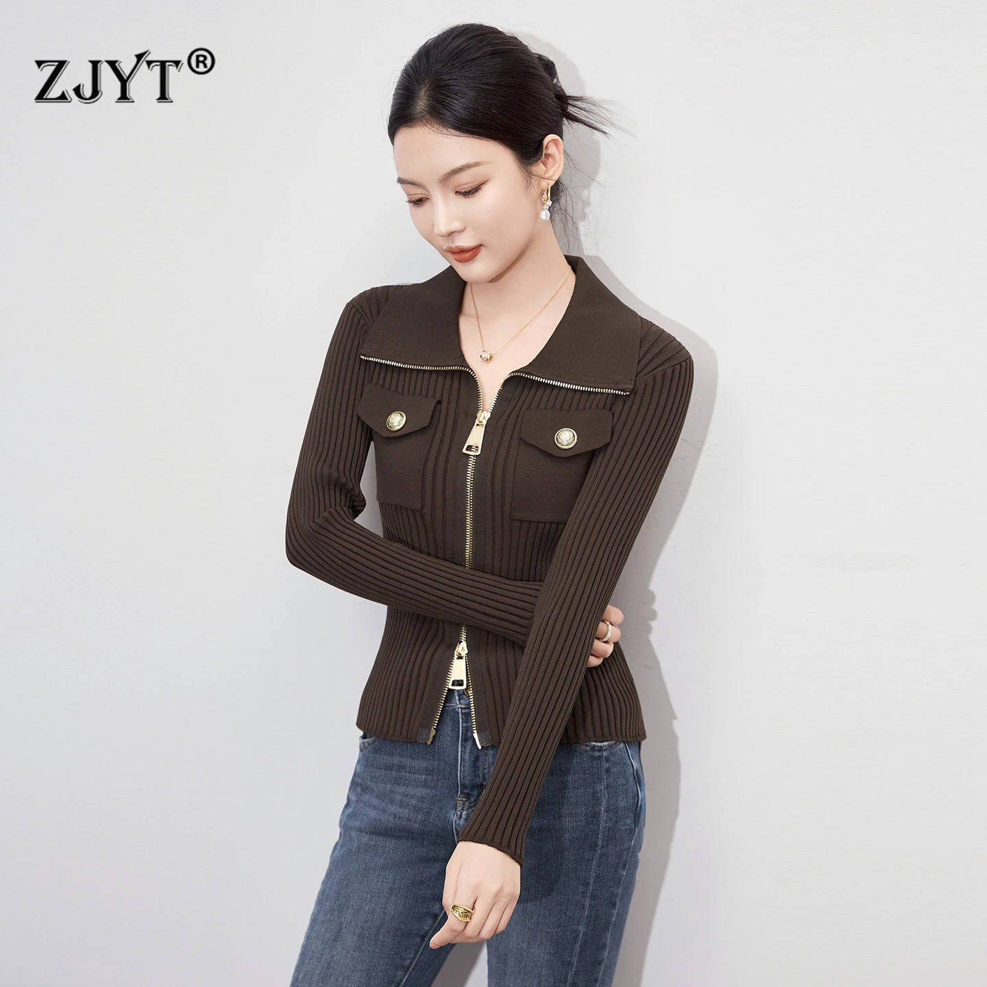 ZJYT الخريف الشتاء المرأة رفض طوق بالأزرار معطف محبوك البلوزات أعلى طويلة الأكمام أنيقة الإناث تريكو جيرسي 2025